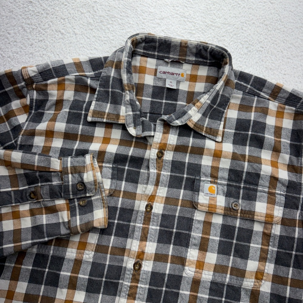 Carhartt Mens XL Plaid Flannel Shirt Grey Brown White Long Sleeve 102815 066